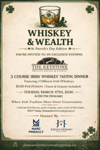 Whiskey & Wealth St. Patrick’s Day Irish whiskey tasting dinner poster for a 3-course whiskey pairing event at The Keystone Private Dining in London, Ontario on March 17, 2026 hosted by Marc Pineault and Jordan Howard.